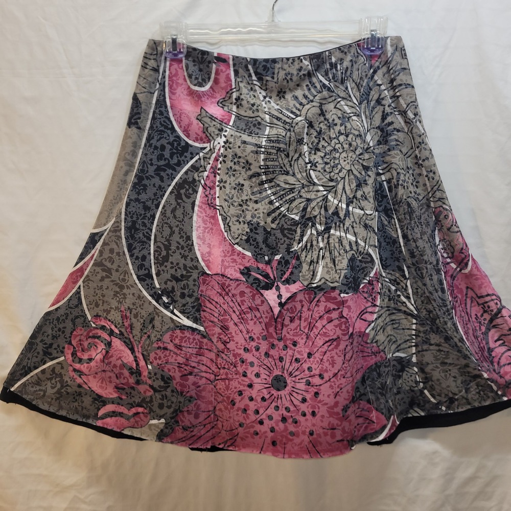 FOR CYNTHIA Womens Large Pink Grey Floral Knit A-Line Midi Skirt Rayon Blend